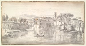 Kirche und Häuser entlang eines Flusses von Gaspar van Wittel
