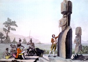 La Perouse mit seiner Crew, misst die Statuen auf der Osterinsel (1786), Gravur