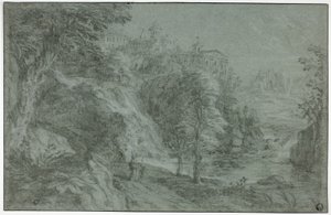 Italienische Landschaft mit Kirche auf Klippe von Gaspard Dughet