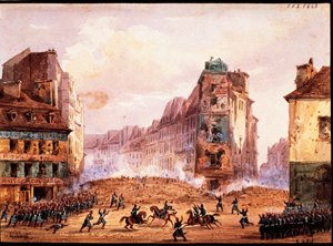 Szene aus der Revolution von 1848, Barrikade in der Rue Sainte-Catherine im Februar, von Gobaut, Frankreich