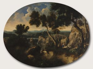 Felsige Landschaft mit Jägern, ca. 1635