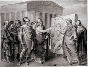 Der athenische Politiker Perikles (495-429 v. Chr.) und seine Gefährtin Aspasia leiten die Arbeiten von Phidias für das Parthenon in Athen (Stich nach einem Gemälde von Gaspare Landi) von Gaspare Landi