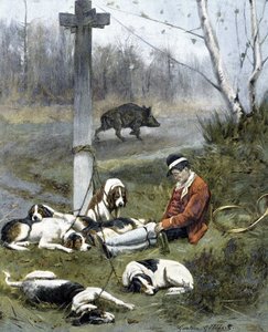 Der Jäger und seine schläfrigen Hunde (Gravur von Gaston Gelebert) von Gaston Gelibert