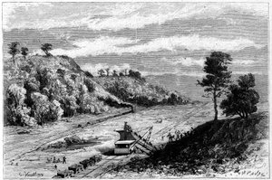Bau des Panamakanals - Durchstich der Landenge von Panama: Gesamtansicht der Baustelle des Baggers von Monkey Hill. Gravur von Vuillier in „Le Monde Illustré“ Nr. 1309 vom 29. April 1882. von Gaston Vuillier