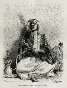 Porträt von Djohar, Gouverneur des Djof (Zusammenfassung von 7 oder 8 Dörfern, die in einem Abstand von 10 Minuten voneinander gebaut sind, in einer Linie), raucht Nargile. Gravur von G. Vuillier, um die Geschichte "Pilgerfahrt nach Nedjed, Wiege der arabi