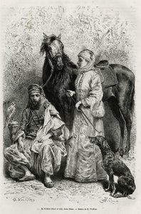 Porträts von Mr. Wilfrid Blunt (1840-1922), Dichter und Schriftsteller, und seiner Frau, Lady Anna Blunt (geb. King Noel) (1837-1917), die erste europäische Frau, die den Nahen Osten erkundete, in Reisekleidung, vor einem der arabischen Pferde in ihren Stä von Gaston Vuillier