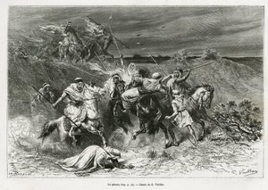 Der Ghazou oder Razzia, Plünderung mit der Hand. Gravur von G. Vuillier, um die Geschichte „Pilgerfahrt nach Nedjed, Wiege der arabischen Rasse“ zu illustrieren, von Lady Anna Blunt, in 1878-1879, veröffentlicht in Le tour du monde, unter der Leitung von E