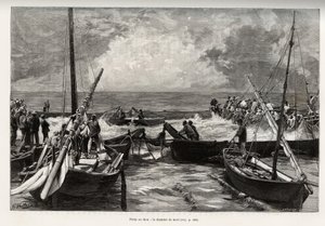 Thunfischfang (Mattanza): die Todeskammer, Thunfische, die in einem engen Raum zusammengedrängt sind, werden von den Harpunen der Fischer getroffen. Gravur und Geschichte „La Sardaigne“ von Gaston Vuillier (1845-1915), 1890, in Le tour du monde, nouveau jo