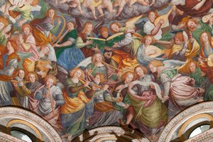 Detail der Himmelfahrt der seligen Jungfrau, bekannt als "Der Chor der musizierenden Engel", Kuppel des Querschiffs, aus 1534 (Fresko)