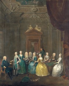 Porträt der Familie Porten beim Tee in einem prächtigen Innenraum