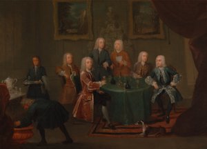 Die Brüder Clarke mit anderen Herren beim Wein, zwischen 1730 und 1735
