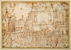Eine venezianische Prozession, die von einer Scuola zu einer flankierenden Kirche zieht von Gentile Bellini