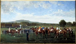 Abfahrt in Longchamp gegeben von Baron Foy im Jahr 1877. Pferdeaufstellung am Start eines Rennens auf der Rennbahn.