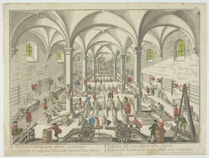 Per telecopium exhibitio partis inferioris armamentarii, Darstellung in Perspektive des unteren Teils eines Arsenals, um 1750