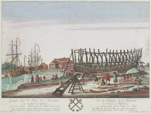 Ansicht der Werft der Admiralität von Zeeland in Vlissingen im Jahr 1779. Lithographie (36,3x49,1 cm), Gravur von Leizel nach einer Zeichnung von Georg Balthasar Probst (1732-1801) von Georg Balthasar Probst