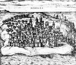 Ansicht von Mombasa, aus Georg Brauns Civitates orbis terrarum (Detail) von Georg Braun und Franz Hogenberg