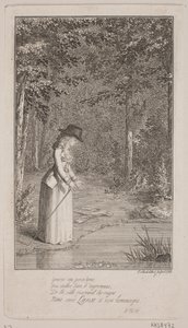 Eine junge Dame steht in einem Wald am Wasserufer von Georg Christian Schule