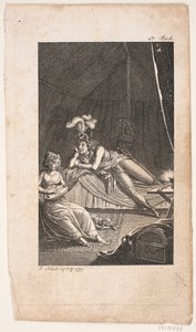 Illustration mit einer Dame, die Laute für einen Herrn in einem Zelt spielt