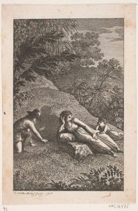 Liegende Frau mit Junge und Mädchen in einer Landschaft