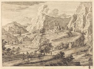 Gebirgige Landschaft mit Figuren und einem Kloster