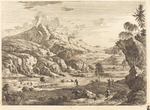Gebirgige Flusslandschaft mit Figuren