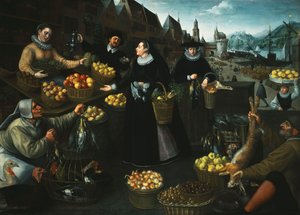 Eine Allegorie des Herbstes: Ein Obst- und Gemüsestand über dem Weinmarkt in Frankfurt