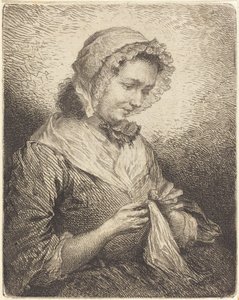 Die Frau des Künstlers beim Nähen von Georg Friedrich Schmidt