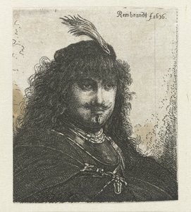 Selbstporträt (?) mit Federhut und gesenktem Säbel von Georg Leopold Hertel