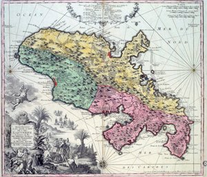 Detaillierte Karte der Insel Martinique in den Westindischen Inseln. Gravur von Matthew Seutter (1678-1757) 18. Jahrhundert