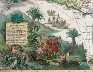 Karte von Martinique erstellt von Matthieu Seutter, Details: Kaufleute und amerikanische Ureinwohner