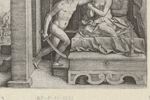 Sextus vergewaltigt Lucretia unter Schwertbedrohung
Geschichten aus der frühen römischen Geschichte (Serientitel) von Georg Pencz