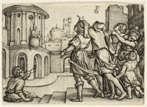 Virgil der Magier hängt im Korb von Georg Pencz