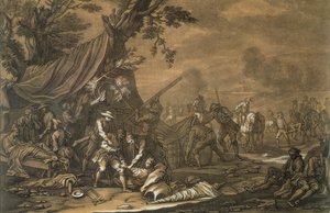 Militärchirurg auf dem Schlachtfeld während des Spanischen Erbfolgekriegs, 1707, graviert von Christian Rugendas (1708-81) um 1740