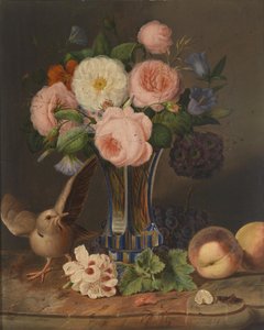Ein Blumenstillleben mit einem Vogel und einer Heuschrecke