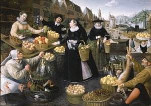 Eine Allegorie des Herbstes: ein Obst- und Gemüsestand über dem Weinmarkt in Frankfurt am Main von Georg and Valkenborch Lucas Van Flegel