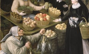 Eine Allegorie des Herbstes: ein Obst- und Gemüsestand über dem Weinmarkt in Frankfurt am Main von Georg and Valkenborch Lucas Van Flegel