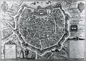 Stadtplan von Mailand, 1572, von Antonio Lafreri (1512-1577), veröffentlicht von Georg Braun und Franz Hogenberg, Italien