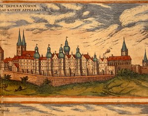Tschechische Republik, Prag, Ansicht des Palastes, Farbstich aus Civitates Orbis Terrarum von Georg Braun und Franz Hogenberg