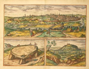 Dolmen bei Poitiers und Stadt Poitiers und Montherre aus Civitates Orbis Terrarum von Georg Braun von Georg Braun and Hogenberg Franz