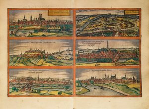 Karte von München, Ingolstadt, Freising, Nördlingen, Regensburg und Straubing, Deutschland, aus Civitates Orbis Terrarum von Georg Braun von Georg Braun and Hogenberg Franz
