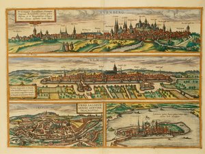 Karte von Nürnberg, Ulm, Salzburg und Lindau aus Civitates Orbis Terrarum von Georg Braun von Georg Braun and Hogenberg Franz