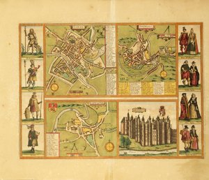 Karte von York, Shrewsbury, Lancaster und Richmond Castle aus Civitates Orbis Terrarum von Georg Braun and Hogenberg Franz