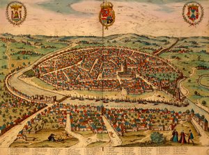 Spanien, Sevilla, Stadtansicht, Farbstich aus Civitates Orbis Terrarum von Georg Braun und Franz Hogenberg