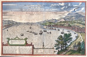 Die Meerenge von Messina, zwischen Sizilien und Kalabrien (Italien) (Stich) von Georg Braun and Hogenberg Franz