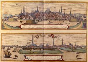 Oben Ansicht der Stadt Lübeck, unten die Stadt Hamburg in Deutschland. Gravur aus dem Atlas von „Braun und Hogenberg“ 1572 von Georg Braun and Hogenberg Franz