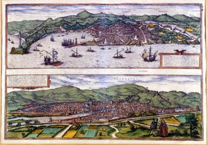 Genua (oben) und Florenz (unten), Vogelperspektive aus dem Atlas von Braun & Hogenberg. 1550 von Georg Braun and Hogenberg Franz