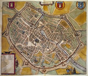 Karte der Stadt Tours in Frankreich. Gravur aus dem Atlas von „Braun und Hogenberg“ 1572