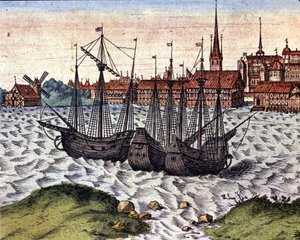 Der Hafen von Lübeck nach dem Theatrum Orbis Terrarum von Braun und Hogenberg. 17. Jahrhundert