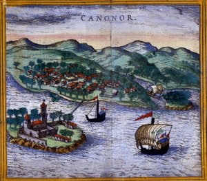 Ansicht von Canonor (oder Cannanore) in Indien aus einer Ausgabe von „Civitates Orbis Terrarum“ von Braun und Hogenberg