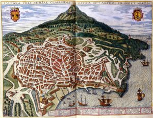 Ansicht von Catania und Ätna in Sizilien. Atlas von Braun & Hogenberg. 1585, Amsterdam. von Georg Braun and Hogenberg Franz